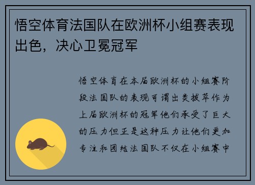 悟空体育法国队在欧洲杯小组赛表现出色，决心卫冕冠军